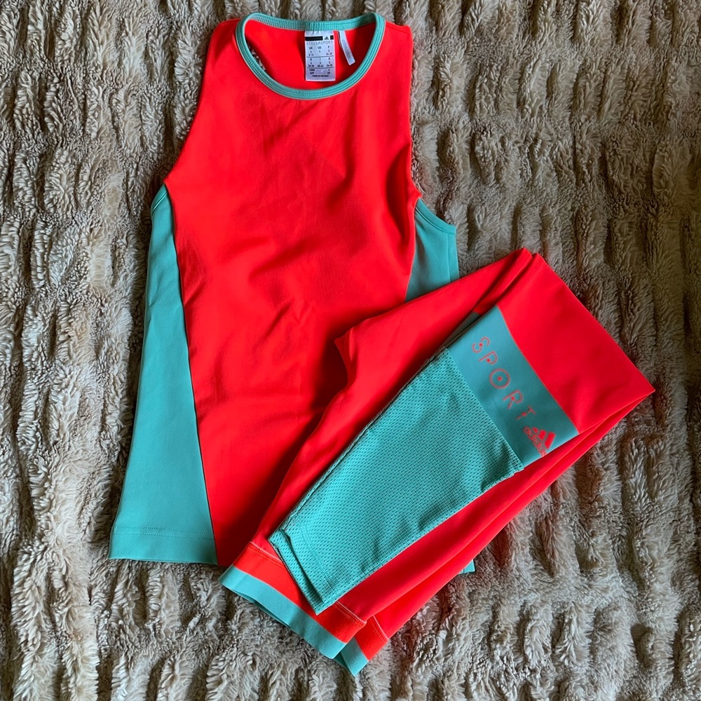 Adidas Stella Sport outfit, size small, neon orange and teal